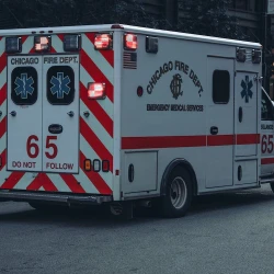 A photo of a Chicago Fire Department ambulance in traffic.
